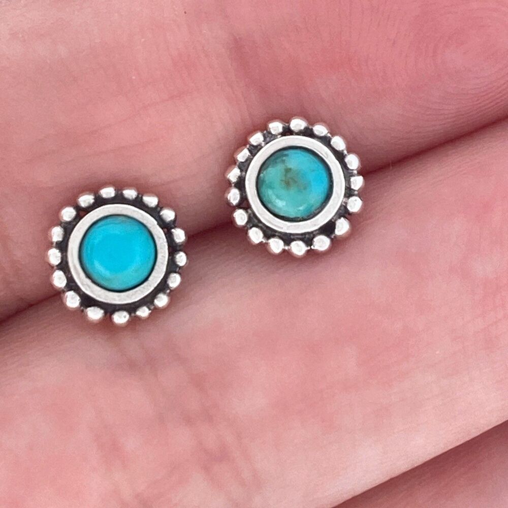Turquoise  Sterling Silver Stud Earrings Genuine 925, Round 7.3 mm